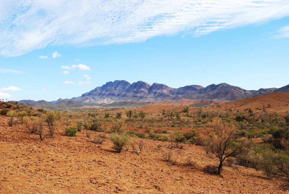 Paisagem de uso pastoril diante das Flinders Ranges, região utilizada nas filmagens de Tracks