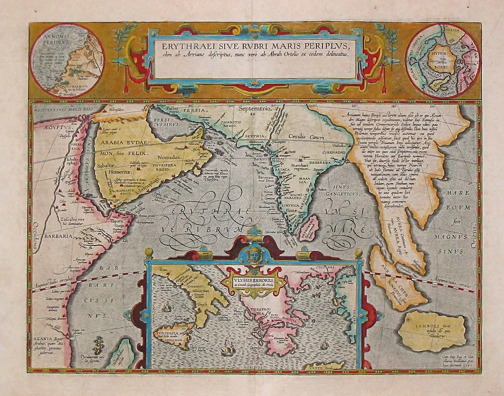 Mapa de Abraham Ortelius, datado de 1597, mapeando a região costeira do Oriente Médio, África Oriental e Índia. é um dos produtos antigos que ilustram a evolução Da Geografia à Topografia.