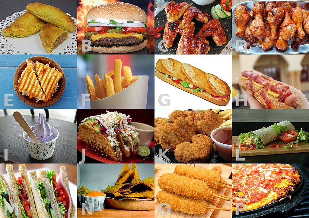 Alimentos processados onde óleos de sementes estão presentes: A: Pastel, B: hambúrguer (de presunto/queijo), C: asas de frango, D: coxas de frango, E: torrada, F: batatas fritas, G: sub (sanduíche de frutos do mar), H: cachorro-quente, I: sorvete cremoso, J: taco, K: nuggets de frango, L: wrap, M: sanduíche, N: nachos, O: cachorro-quente de milho, P: pizza (de frigideira).