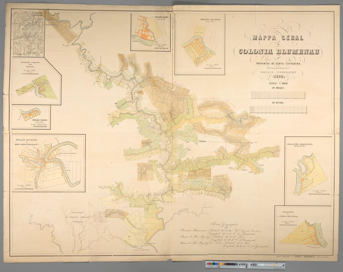 Mapa da Colônia Blumenau em 1872, com rios, lotes numerados e plantas de povoações, ilustrando artigo Imigração alemã: diferentes trajetórias no Sul do Brasil.