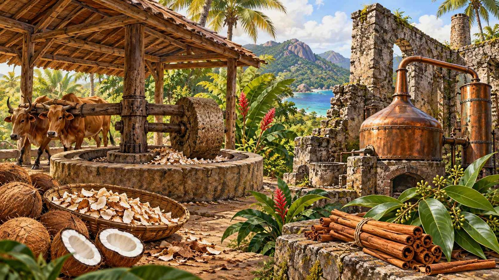Imagem alusiva da produção artesanal de beneficiamento de coco, ilustrando artigo coco e canela em Seychelles
